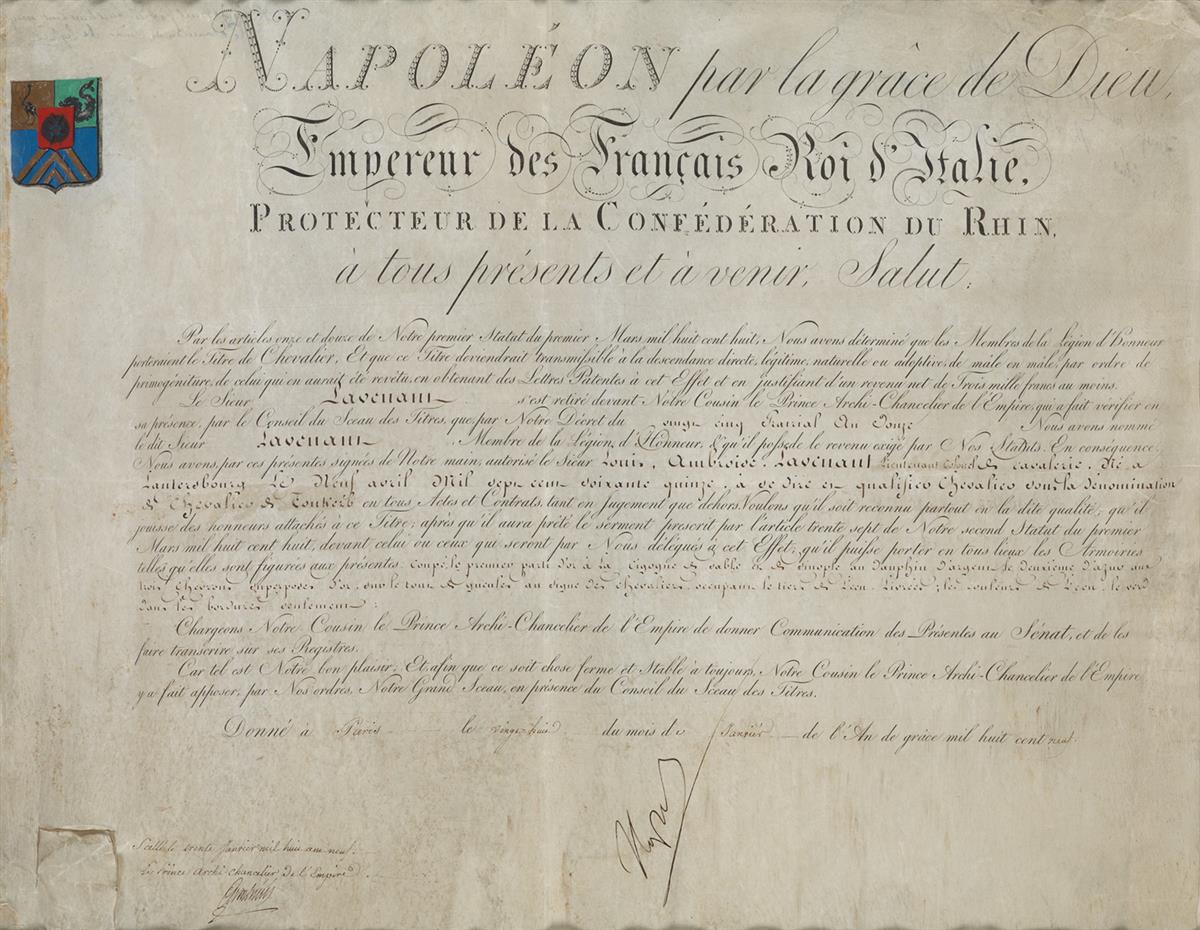 NAPOLÉON. Partly-printed vellum Document Signed, Napoleon, conferring the title of Chevalier de Toukerb on Ambroise-Louis de Lavenant
